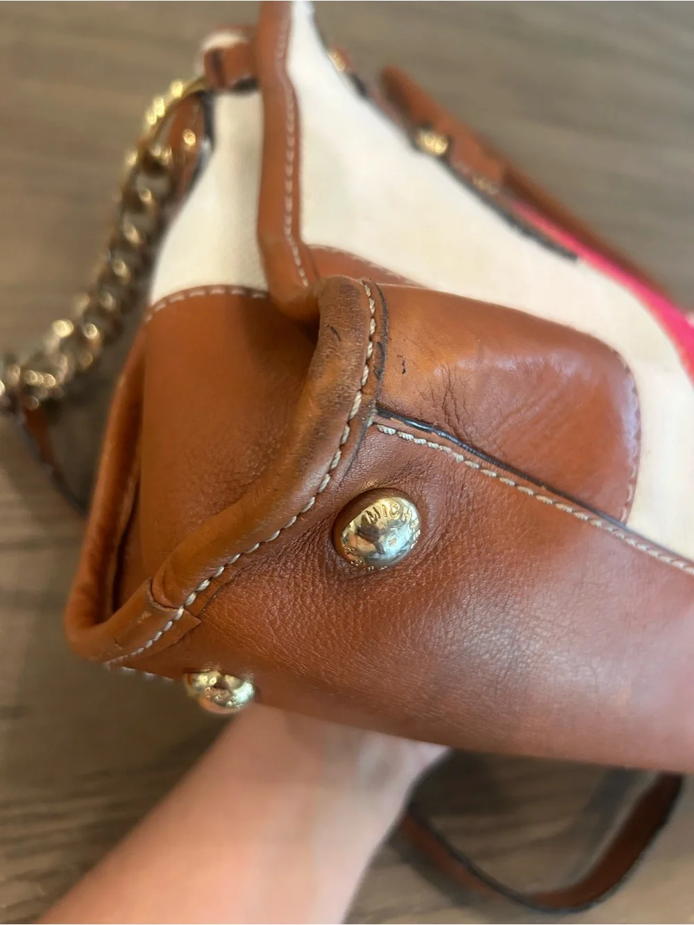 Michael Kors Brown Leather & Red Stripe Canvas Satchel